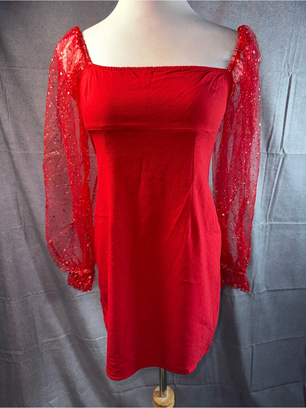 1836-Sbetro Square-Neck Red Mini Dress with Sheer Sparkle Puff Sleeves